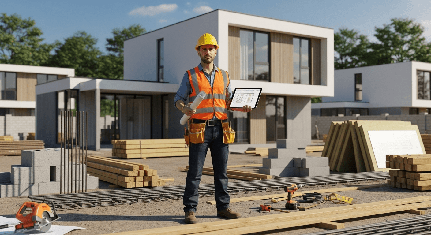 Self-build homeowner reviewing their home construction project on a tablet on site