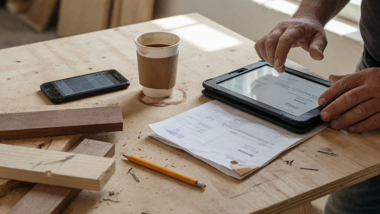A contractor reviewing a supplier invoice on a tablet at a dusty site table