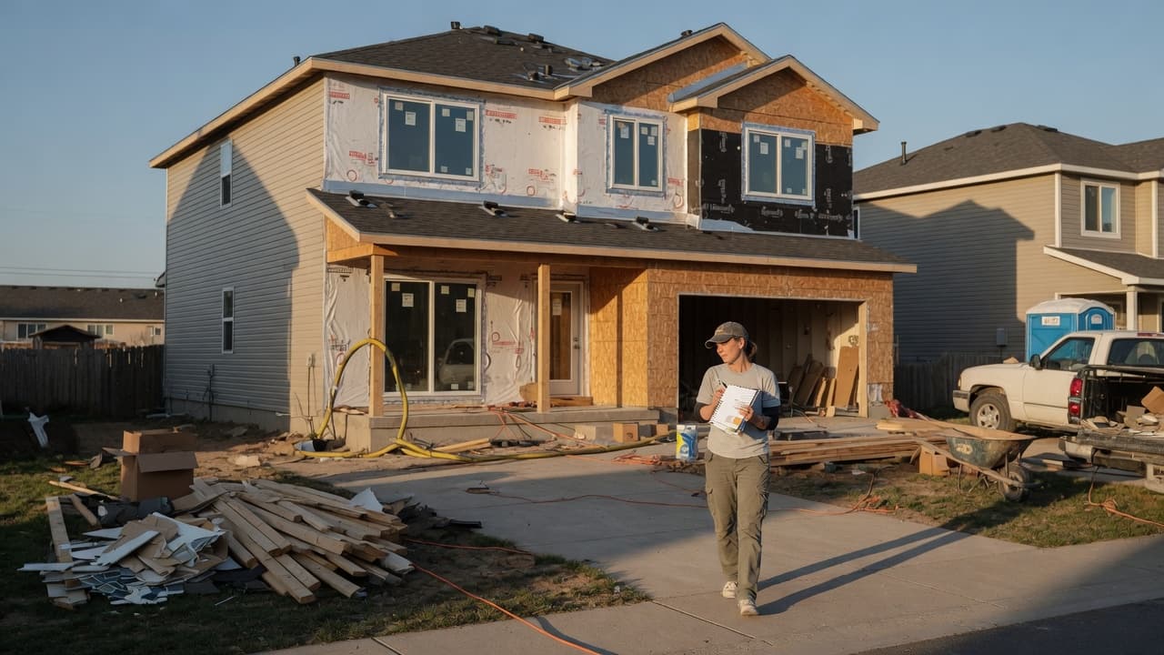 A homeowner walking a framed house that is already well under way